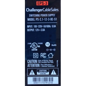 ADAPTADOR CHALLENGER VCA EPS-3 / NUMERO DE PARTE EPS-3  / MODELO PS-2.1-12-3-DC-S1 / ENTRADA VCA 100-120V～50-60Hz  / SALIDA VCD 12V-3A	